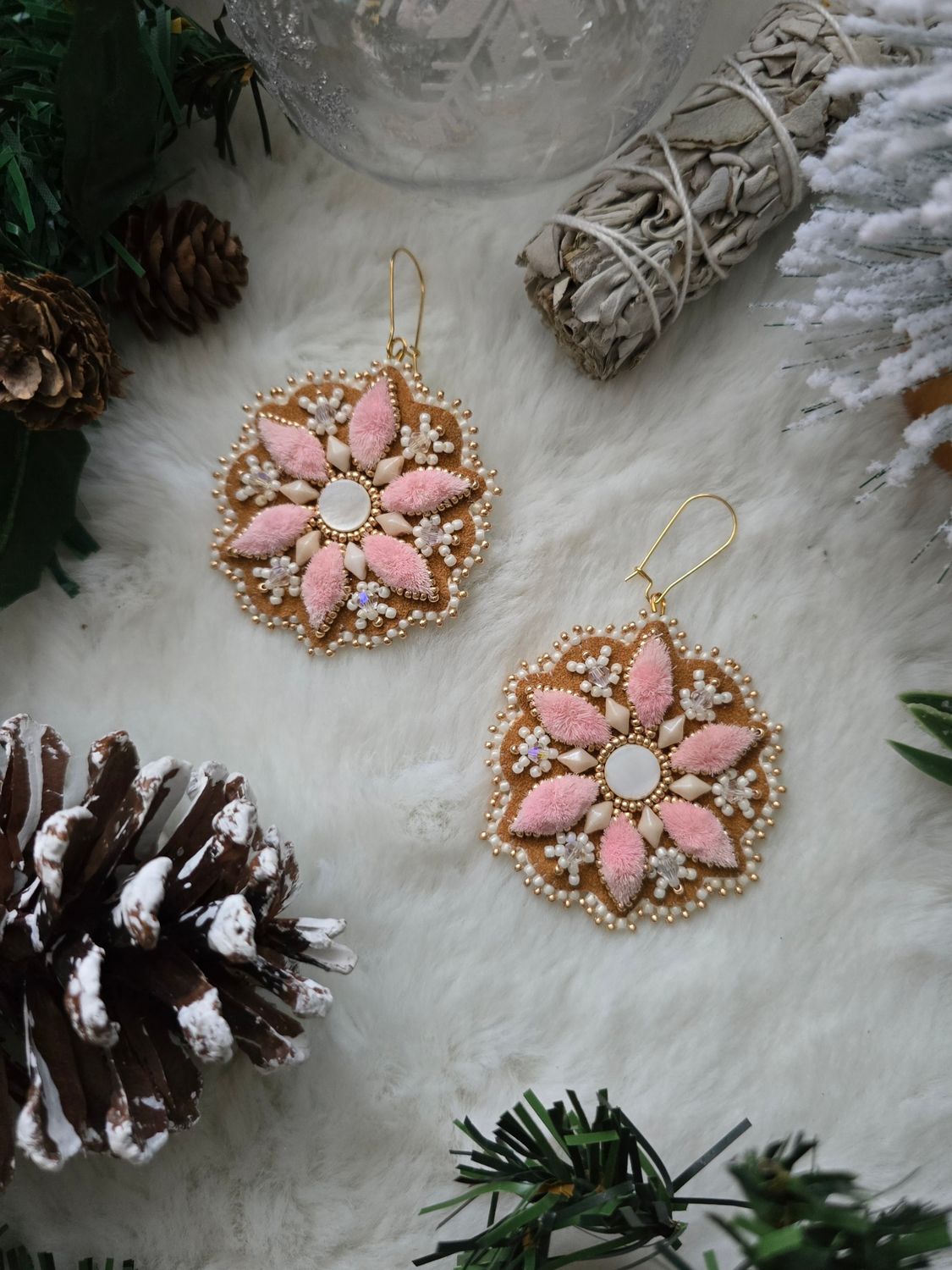 Large pastel pink reindeer tuft snowflakes
