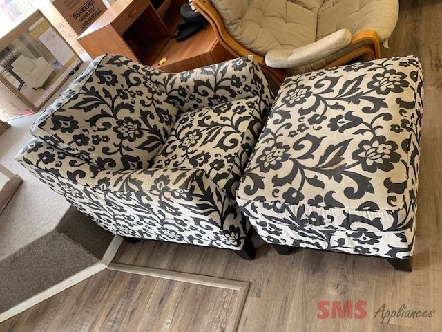 Chair with ottoman set. Chair dimensions: H- 34”, W-34”, D- 38”. Ottoman dimensions: H- 19”, W-31”, D- 23”