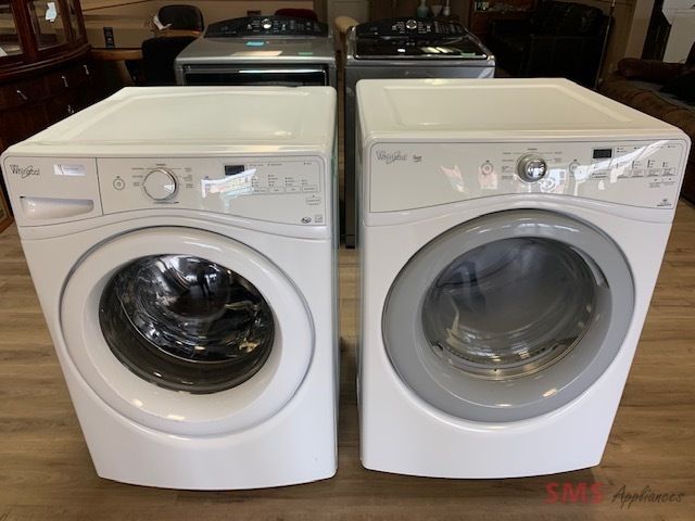 Whirlpool washer and dryer
set.
 Washer model: WFW9050XW00. Dryer model: YWED80HEBW