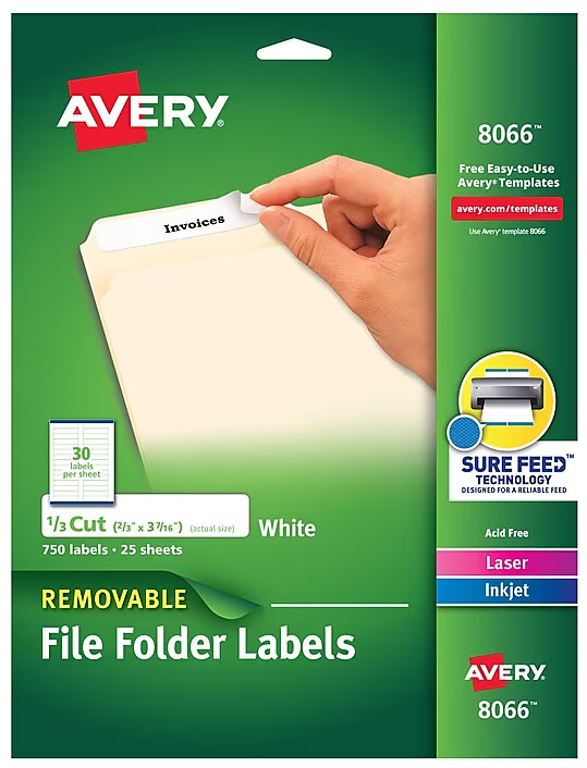 Avery Removable Laser/Inkjet File Folder Labels, 2/3&quot; x 3 7/16&quot;, White, 750 Labels Per Pack (8066)