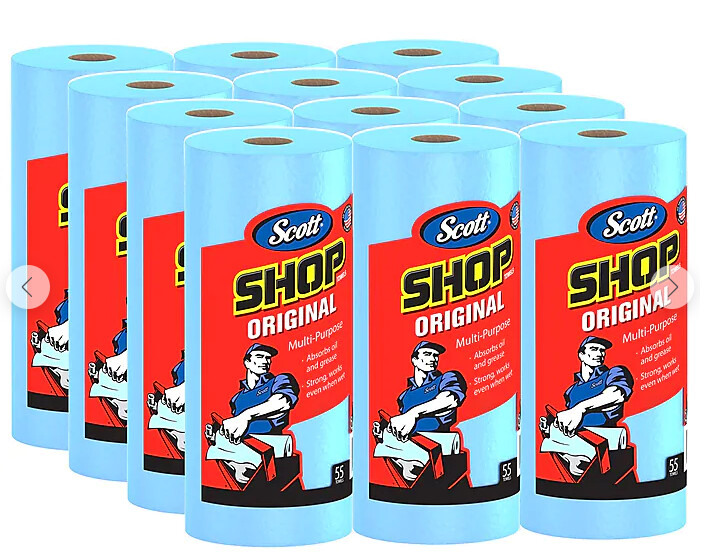 Scott Shop Original Paper Wipers, Blue, 55 sheets/Roll, 12 Rolls/Carton  - 75147