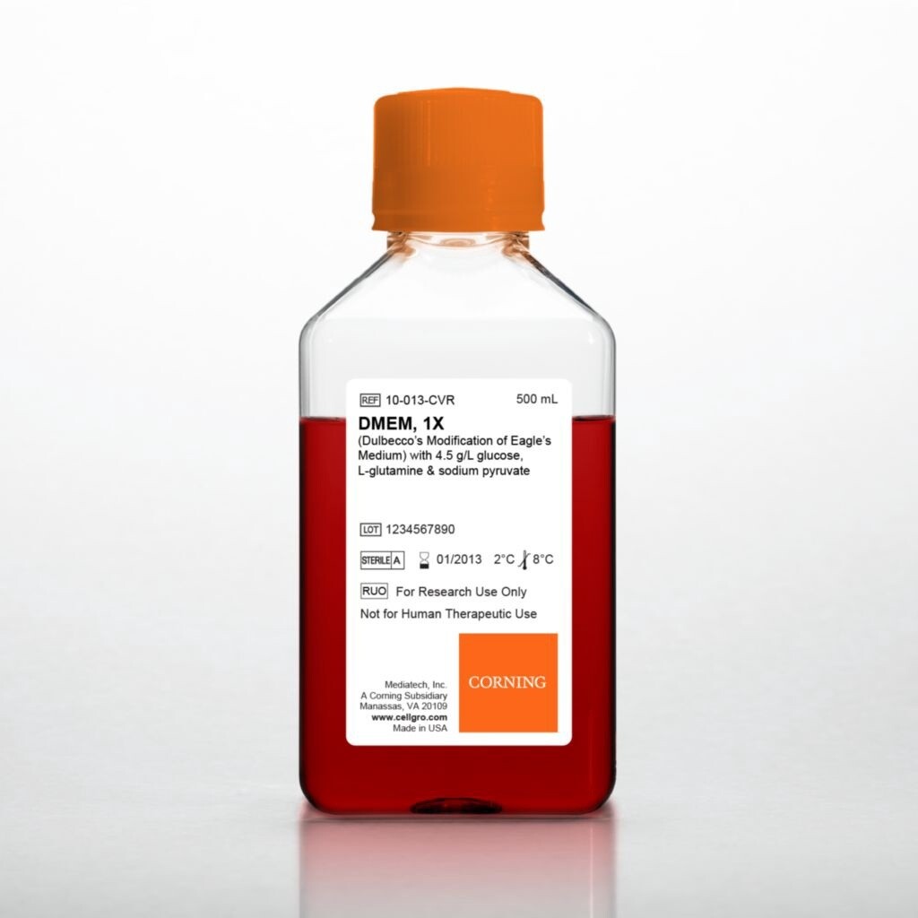 DMEM, Corning® 500 ml DMEM (Dulbeccos Modification of Eagles Medium) [+] 4.5 g/L glucose, L-glutamine [-] sodium pyruvate - pk of 6 - 45000-312