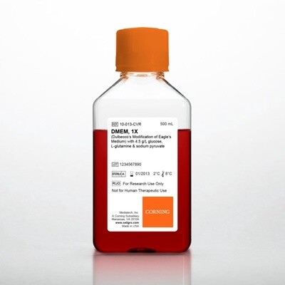 DMEM, Corning® 500 ml DMEM (Dulbeccos Modification of Eagles Medium) [+] 4.5 g/L glucose, L-glutamine [-] sodium pyruvate - pk of 6 - 45000-312