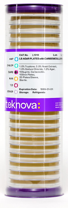 LB Agar Plates with Carbenicillin-100. 100mm, 20 Plates per Sleeve, Sterile - L1010