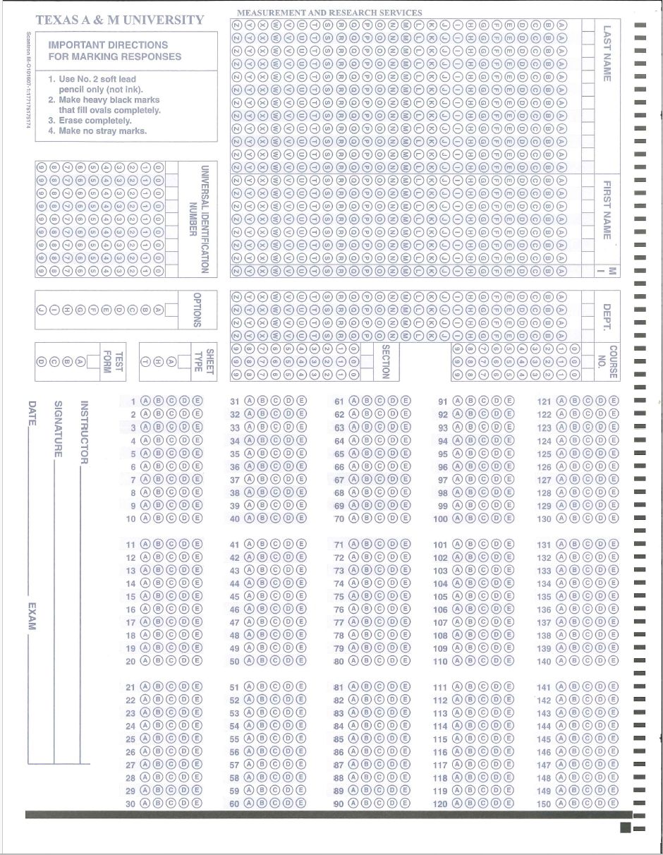 TAMU Scantron - large 150 questions - SCANM-O101607 - QTY.5