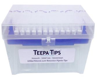Teepa Tip 1250uL Low-Retention Pipette Tip, Racked, Sterile, RNase and DNase Free, Filtered, Graduated, 4 Packs of 960 (3840 Tips) - TT-1250FT-C