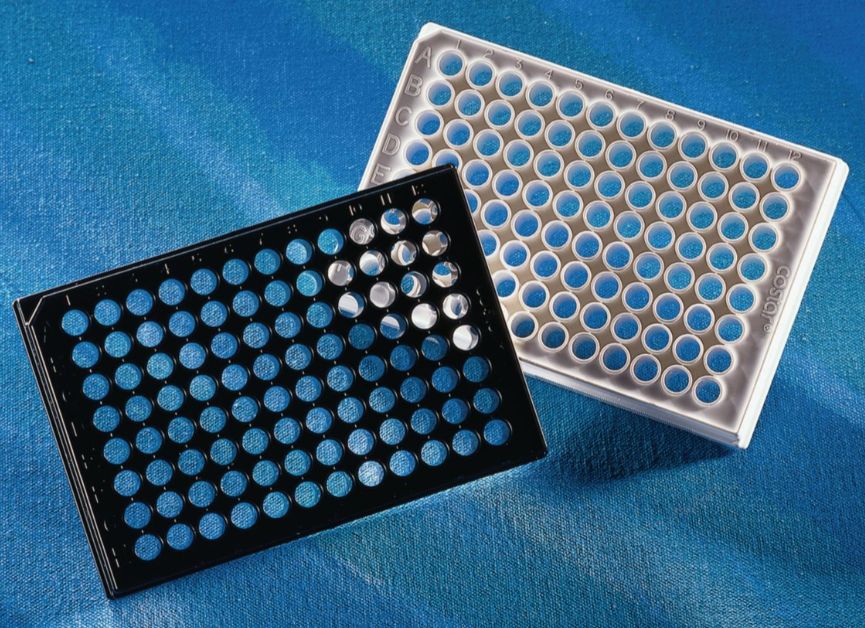 Corning® Clear Bottom Black and White Polystyrene Microplates, 96 Well, Corning, Standard plates with lids, Corning CellBIND®, 360 µl, Black, Sterile, 5/Bag, 3340, CS of 50 - 66025-630