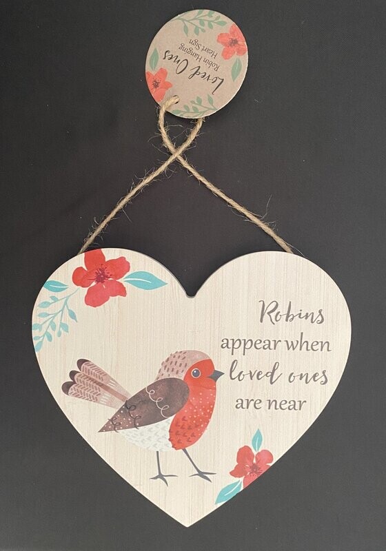 LOVED ONES GARDEN ROBIN HANGING HEART SIGN