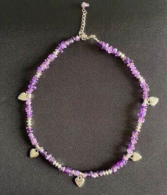 Amethyst Chip Choker Necklace with Heart Charms