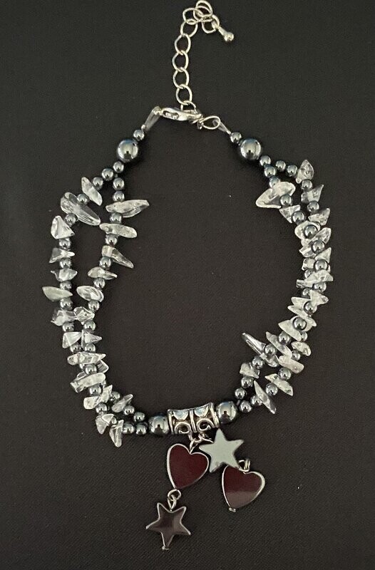 Hematine and Quartz Heart and Star Charm Bracelet