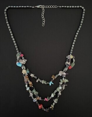 Hematite and Mixed Crystal Triple Strand Necklace
