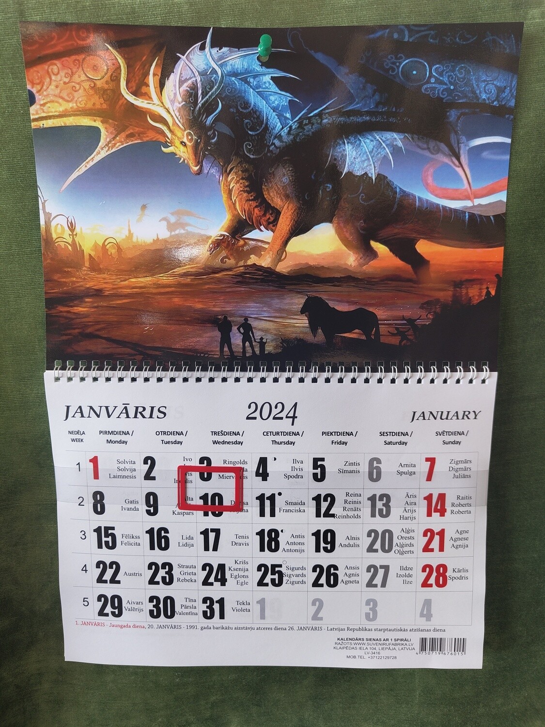 Sienas kalendārs ar 1 spirāli "2024 g. Pūķis #12"