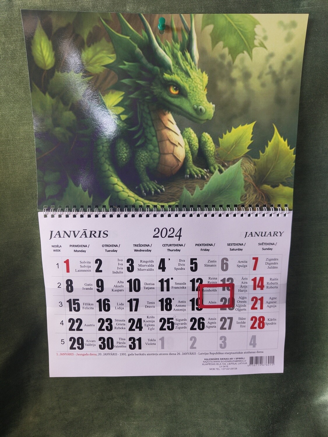 Sienas kalendārs ar 1 spirāli "2024 g. Pūķis #1"