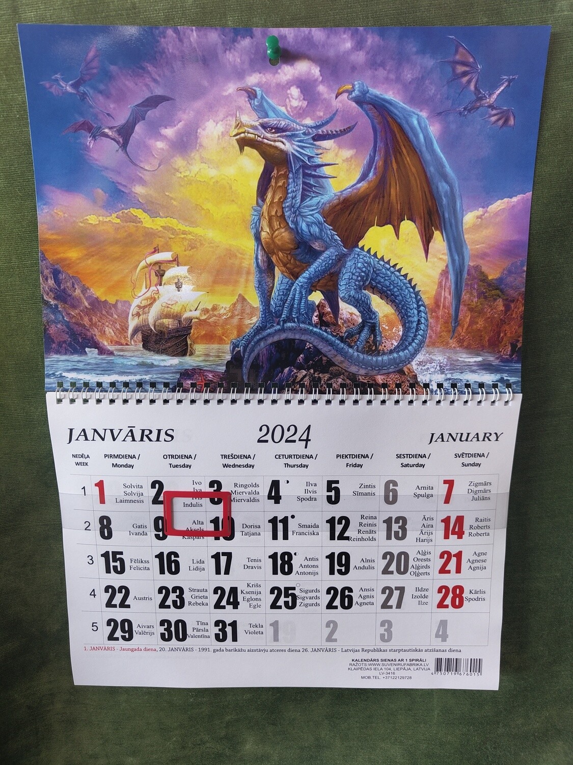 Sienas kalendārs ar 1 spirāli "2024 g. Pūķis #10"