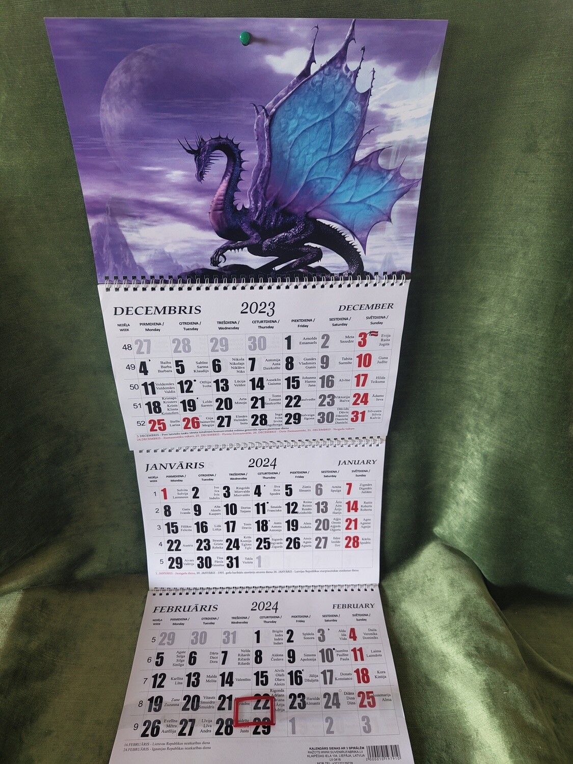 Sienas kalendārs ar 3 spirālēm "2024 g. Pūķis #3"