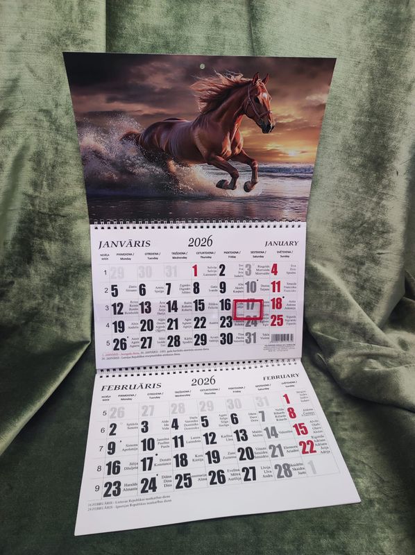 Sienas kalendārs ar 2 spirālēm &quot;2026 g. Zirgs #2&quot;