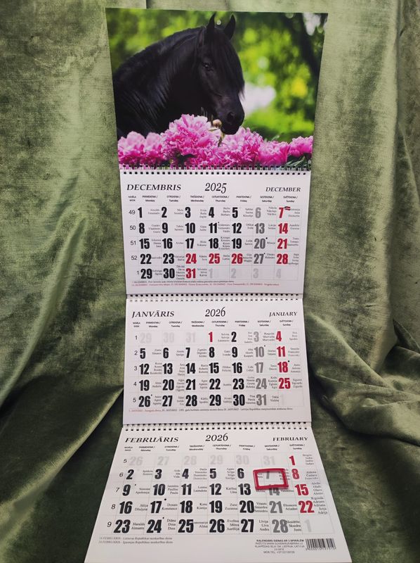 Sienas kalendārs ar 3 spirālēm &quot;2026 g. Zirgs  #12&quot;