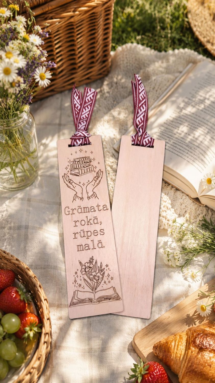 Grāmatzīme koka - Grāmata rokā rūpes malā