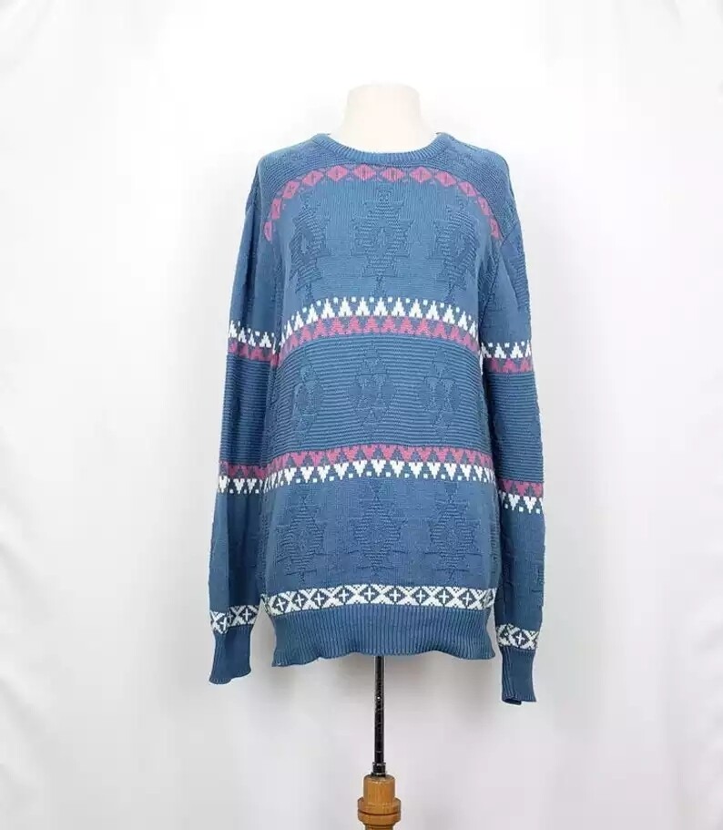 90s Grandpa Sweater Blue Pink White Pattern Oversize Grandpa Sweaters for Women
$45.95