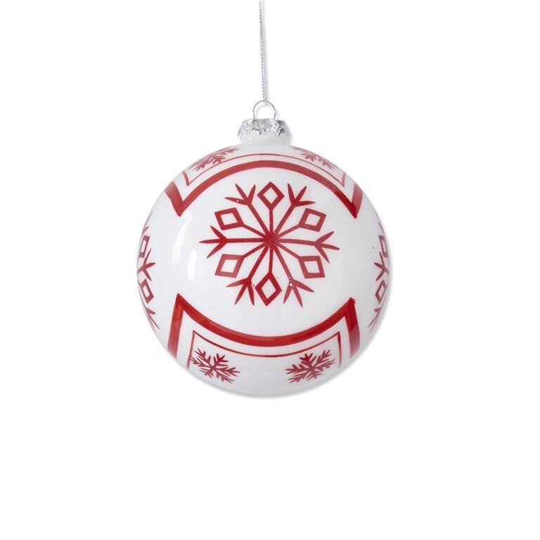 White w/Red Snowflake Glass Round Ornament