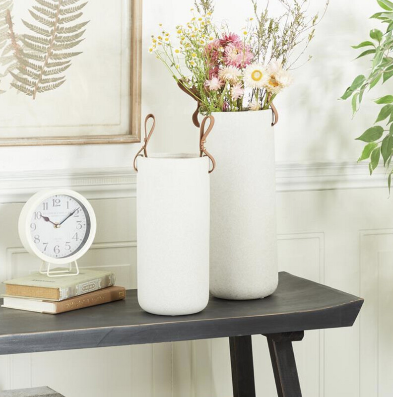 White Ceramic Vase with Leather Accents