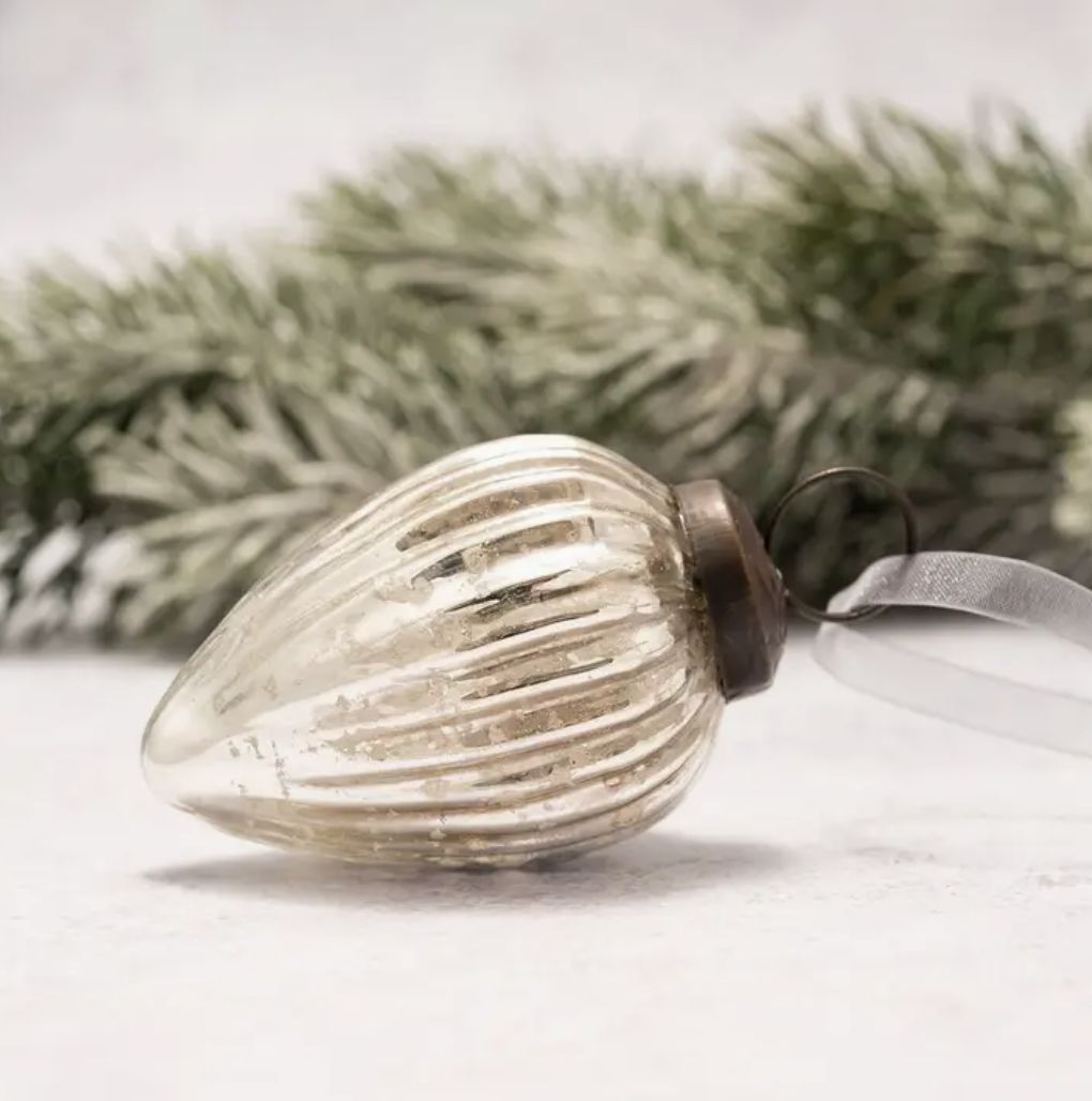 Silver Ribbed Pinecone Ornament | 2&quot;