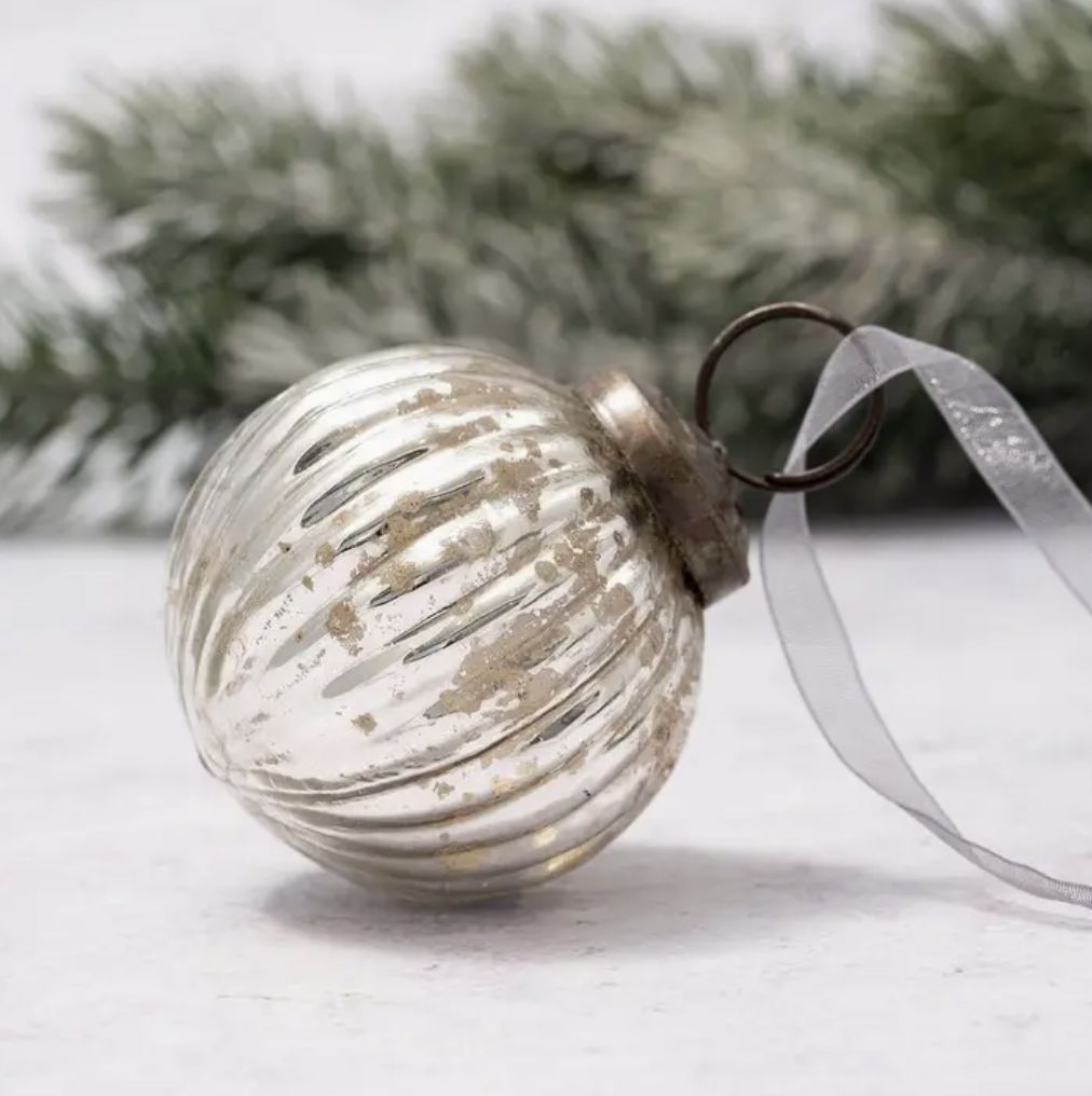 Silver Ribbed Ornament | 2&quot;