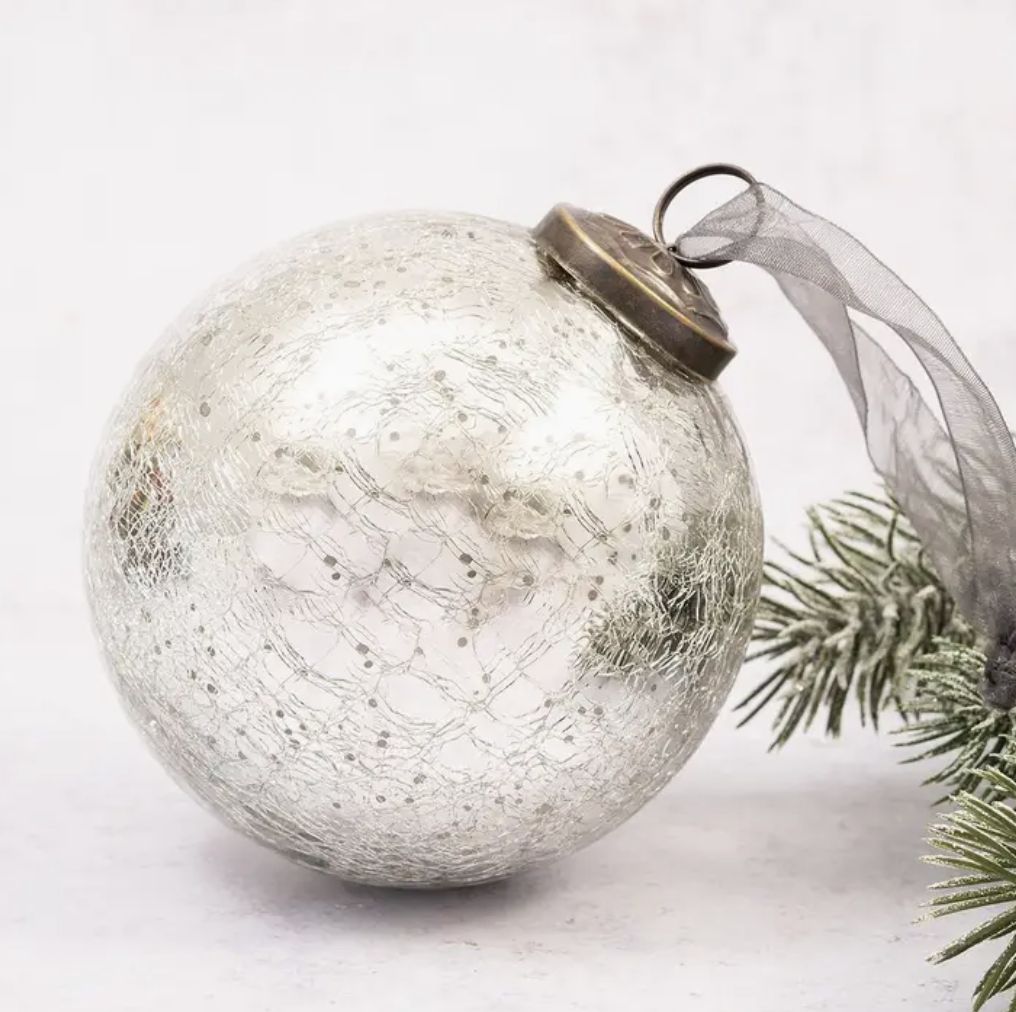 Silver Crackle Glass Ornament | 4&quot;