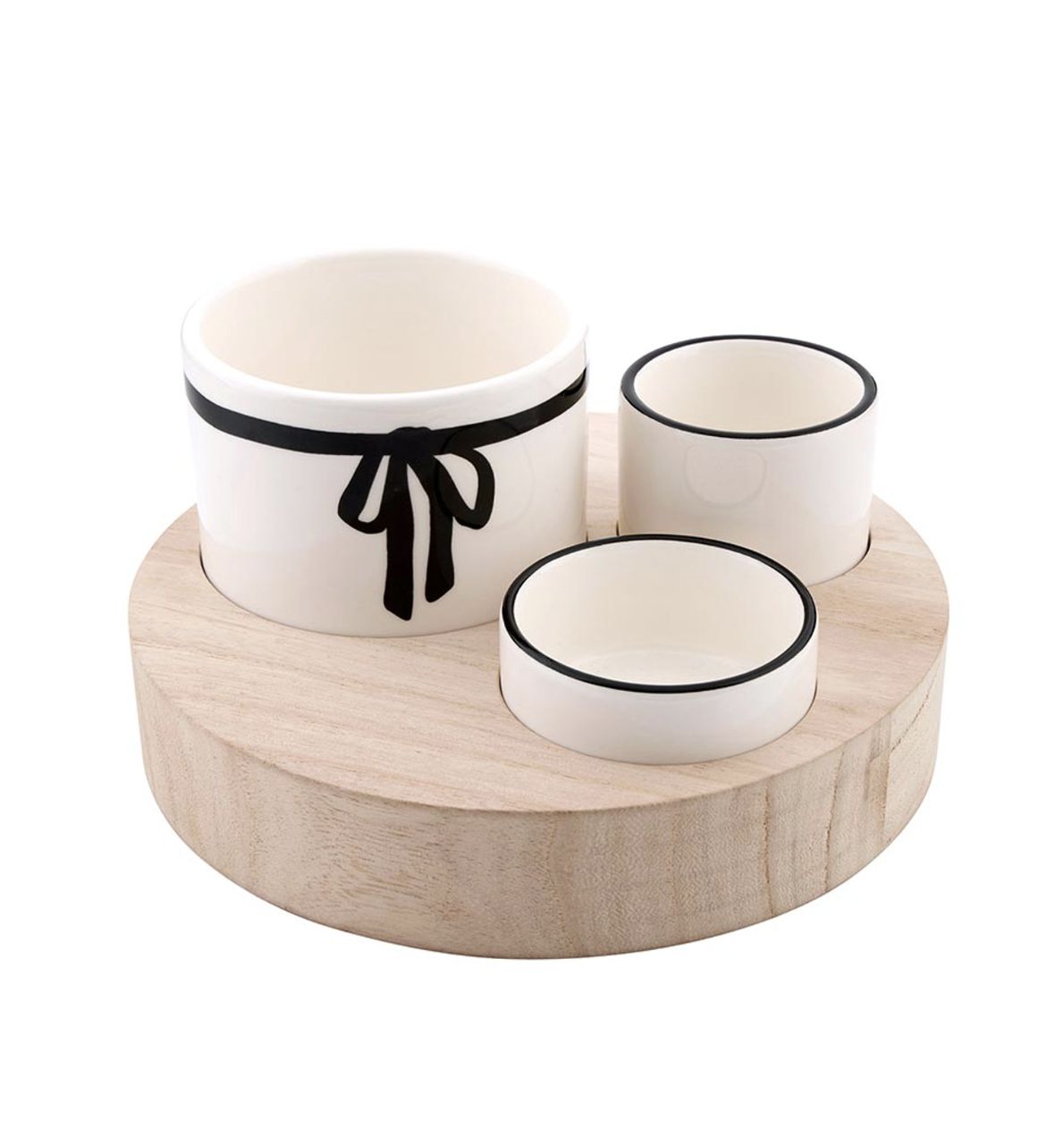 Bow Trio Ceramic Bowls With Wood Base