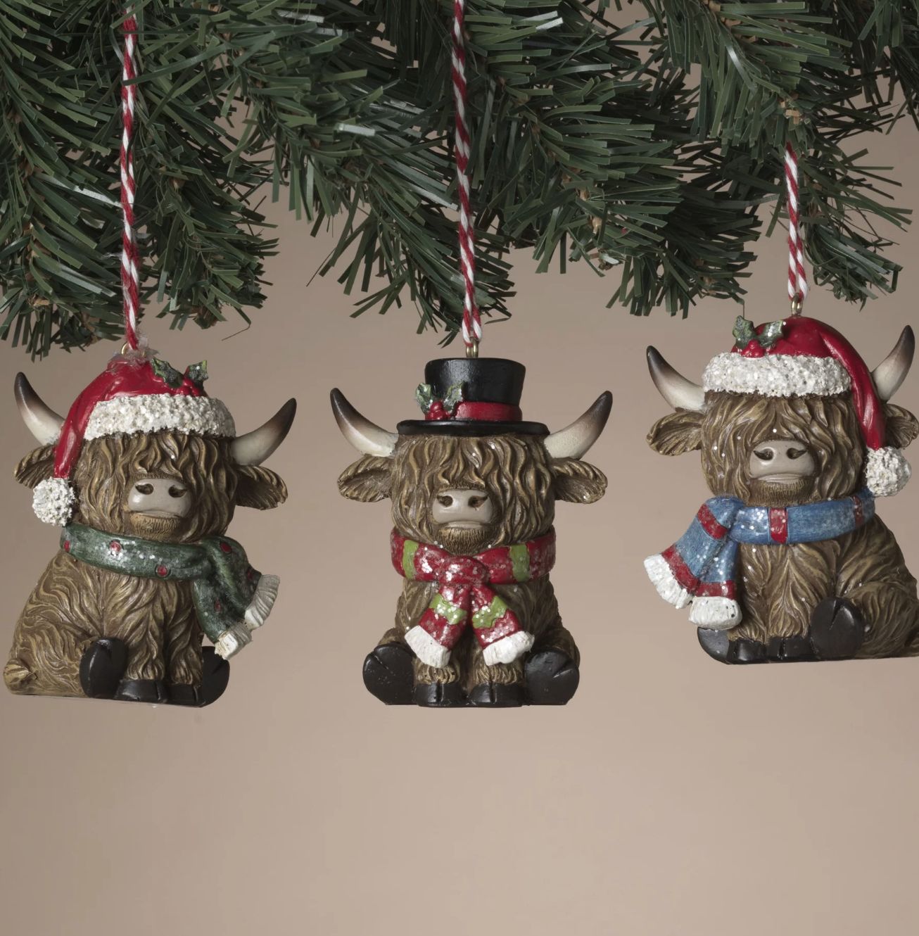 Highland Cow Ornament, Style: Green Scarf
