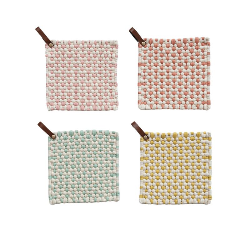 Pastel Cotton Pot Holder w Leather | 4 Colours