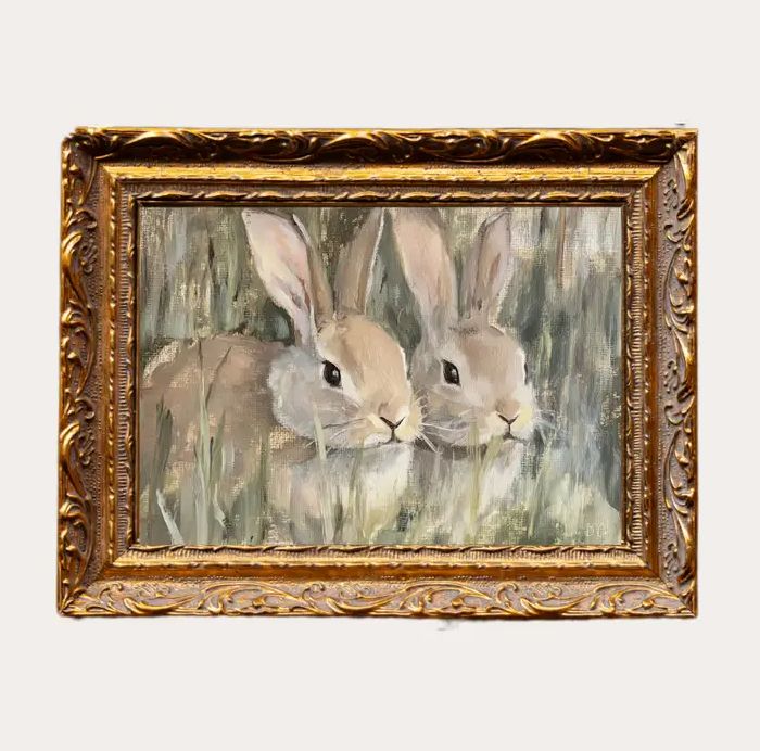 Spring Rabbits Artwork | Gold Frame
