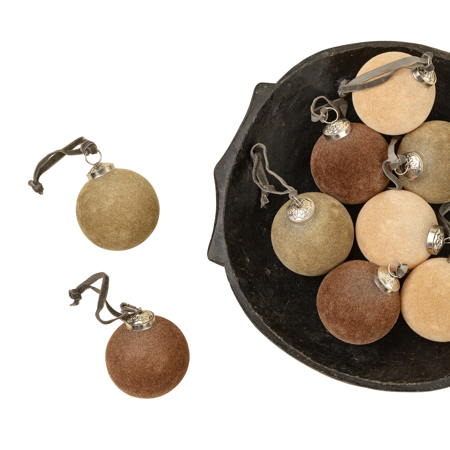 Olive/Brown Velvet Holiday Baubles | 3"