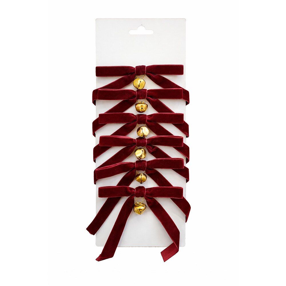 Velvet Bow w/Bell Burgundy | Set of 6