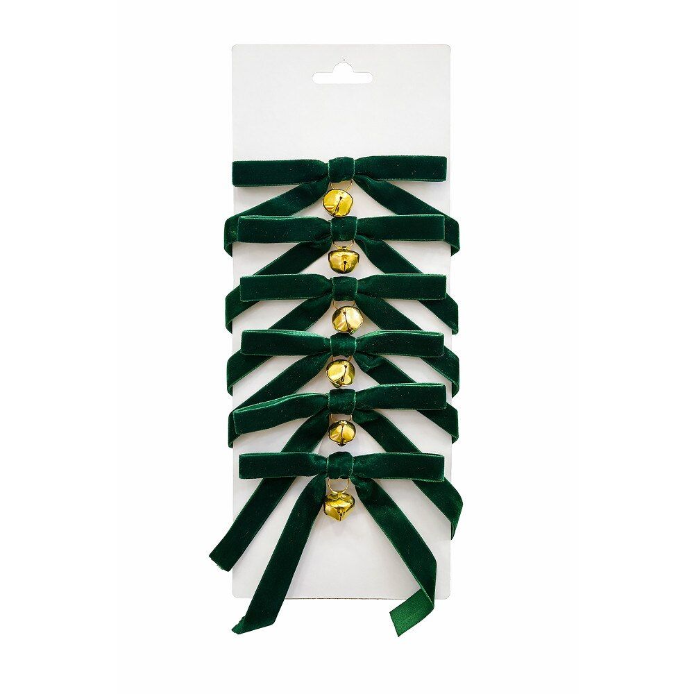 Velvet Bow w/Bell Dark Green | Set of 6