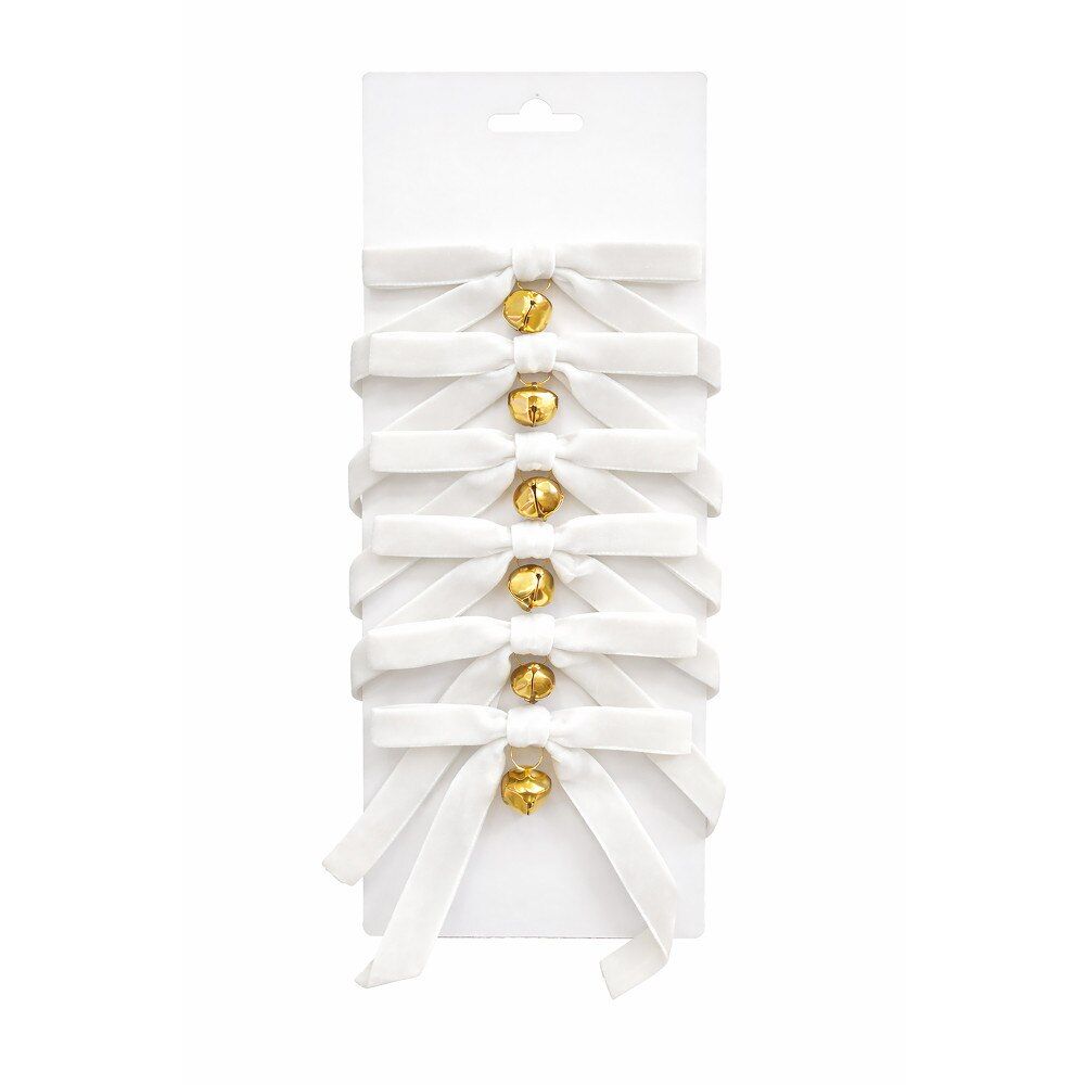 Velvet Bow w/Bell White | Set of 6
