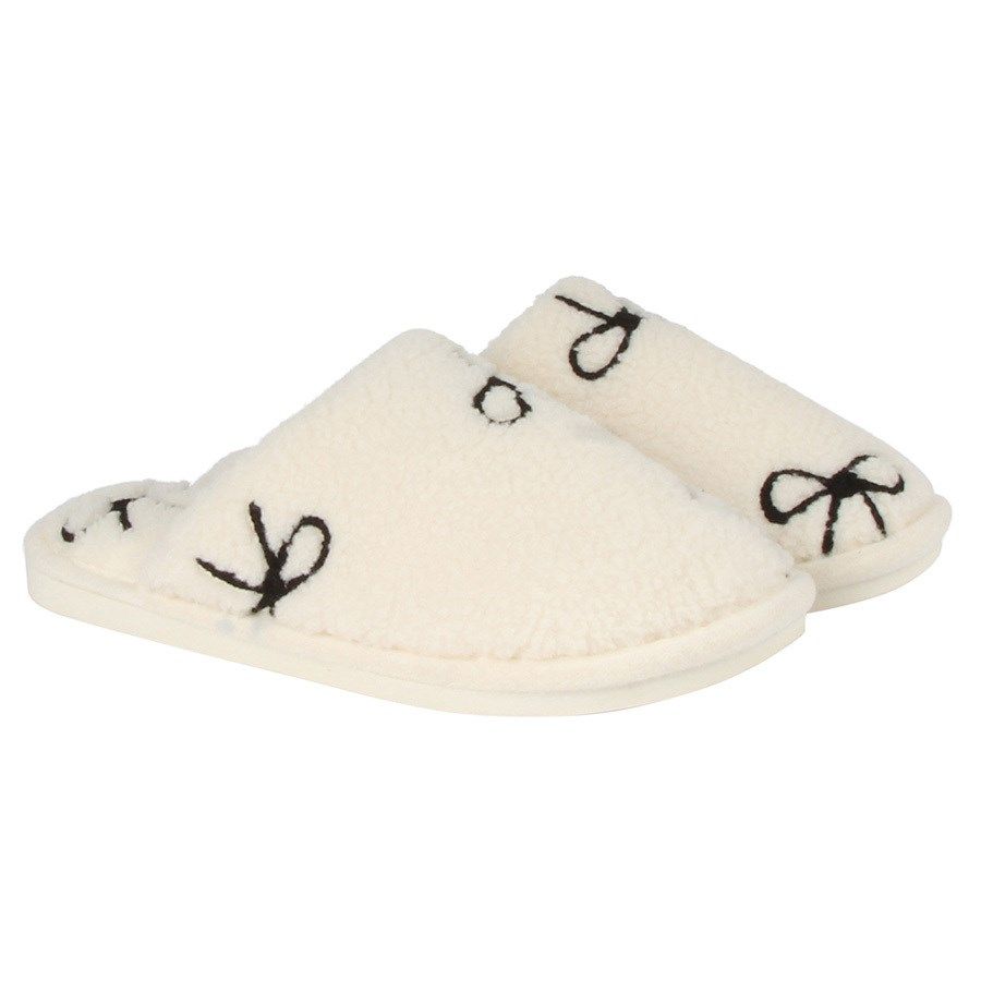 Textured Plush Bow Slippers | Cream