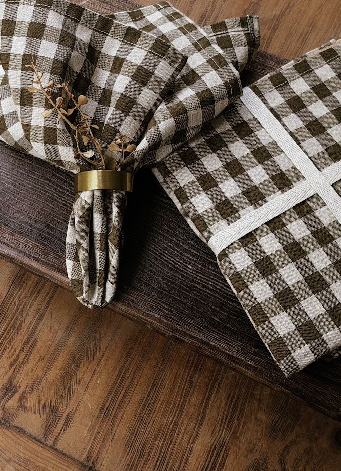 Gingham Linen Napkins-Olive Green | Set of 4