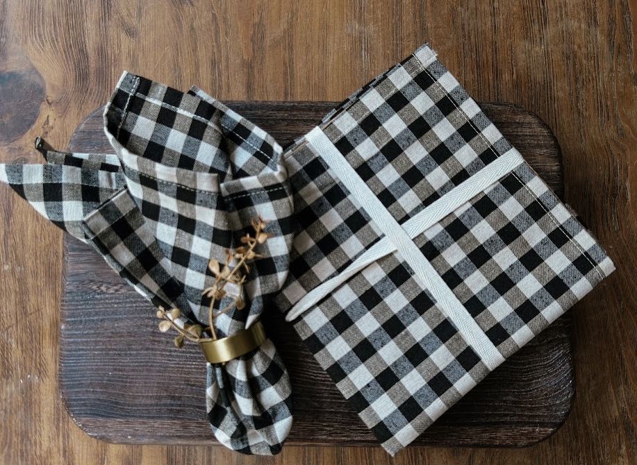 Gingham Linen Napkin-Black | Set of 4