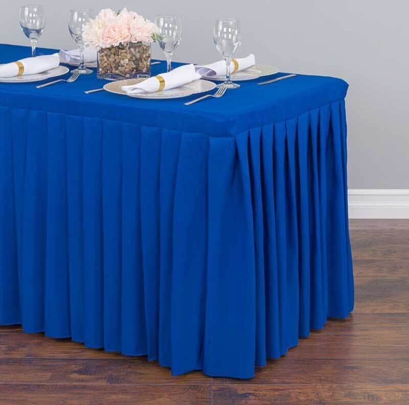 Nappe rectangulaire juponnée bleue (2 nappes + clips)<br>(également disponible pour les tables rondes de 8 et 10 places)