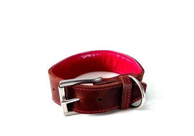 Padded leather collar brown and pink 4.5 cm wide