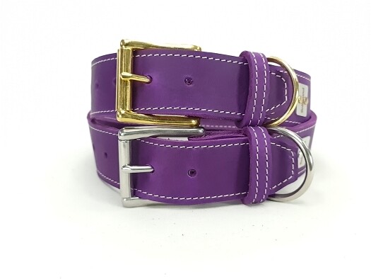 Leather collar purple  4 cm wide with light stitching