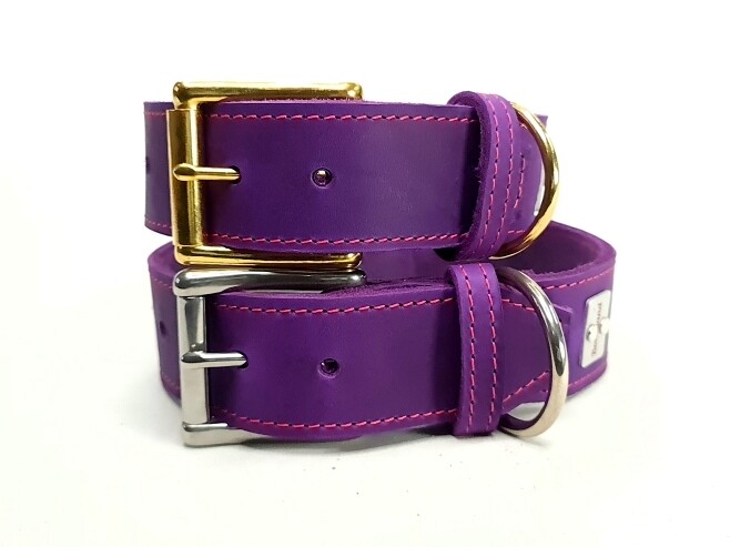 Leather collar purple and pink 4 cm wide
