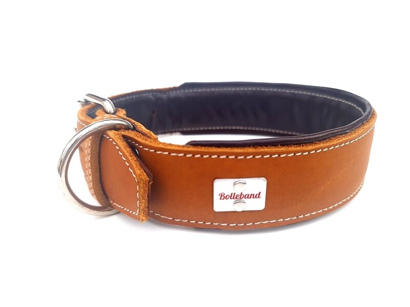 Padded leather collar cognac brown 4.5 cm wide