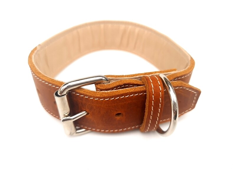 Padded leather collar cognac cream 4.5 cm wide