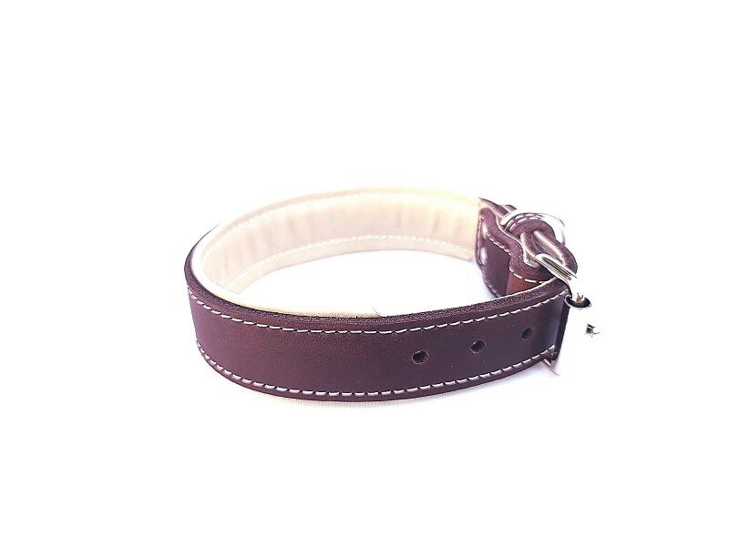 Padded Leather Collar Brown-Cream 3.5 cm wide
