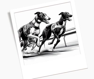 Das Bild zeigt zwei um die Wette rennende Greyhounds mit ihren Renndecken am Körper. Das Bild dient als Link zu der Unterkategorieseite Windhundrennen. Auf der Seite finden sie spezielle Produkte für den Einsatz Ihres Windhundes auf der Rennbahn oder beim Coursing.