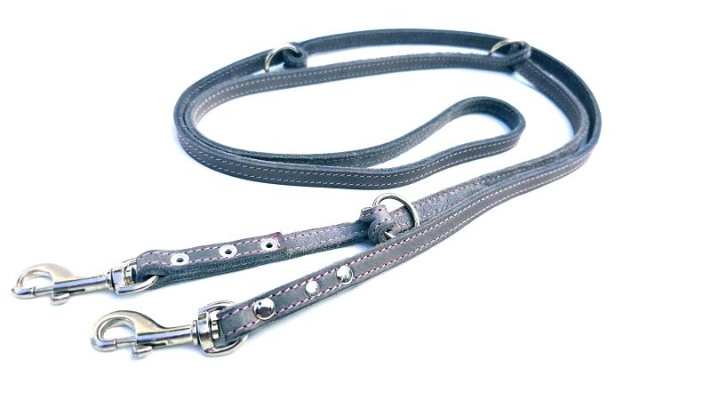 Leash small dog grey oiled leather leash with rosé stitching adjustable