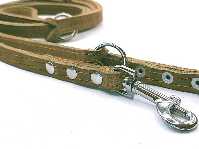 Leash for small dogs olive oiled leather leash with orange stitching adjustable