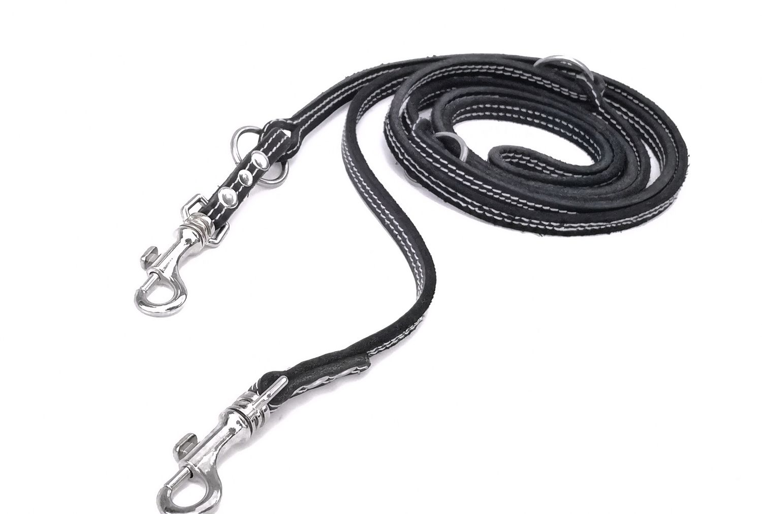 Leash small dog black oiled leather leash with light stitching adjustable